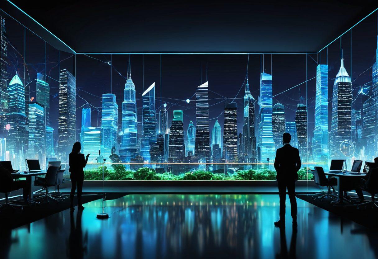 A dynamic digital landscape showcasing interconnected data streams and vibrant graphs flowing through a futuristic city skyline. Include individuals analyzing data on holographic screens, surrounded by symbols of insights like light bulbs and magnifying glasses. The color scheme should emphasize blues and greens to represent technology and growth. super-realistic. vibrant colors. 3D.