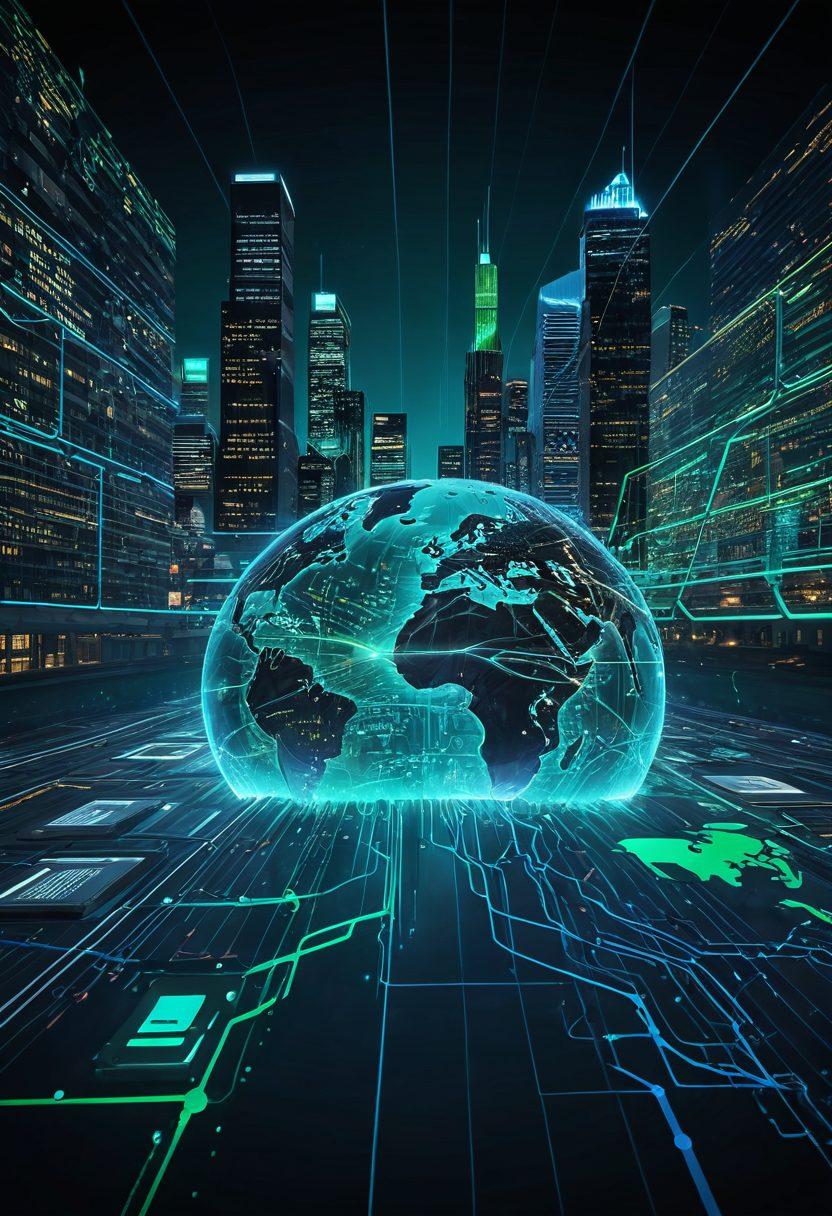 A visually striking and abstract representation of data streams flowing through a secure digital network, with locks symbolizing governance and security integrated into the design. Include vibrant graphs illustrating analytics results above the streams, and a digital globe in the background showcasing global connectivity. The overall color scheme should be a blend of blues and greens to represent trust and technology. cyberpunk. super-realistic. vibrant colors.